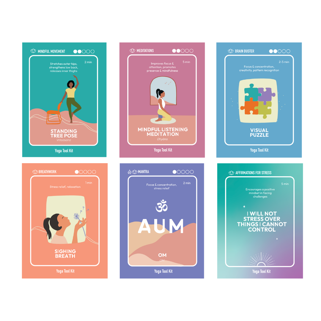 Six Yoga Tool Kit cards for poses, meditation, breathwork, mantra, puzzles, and affirmations.