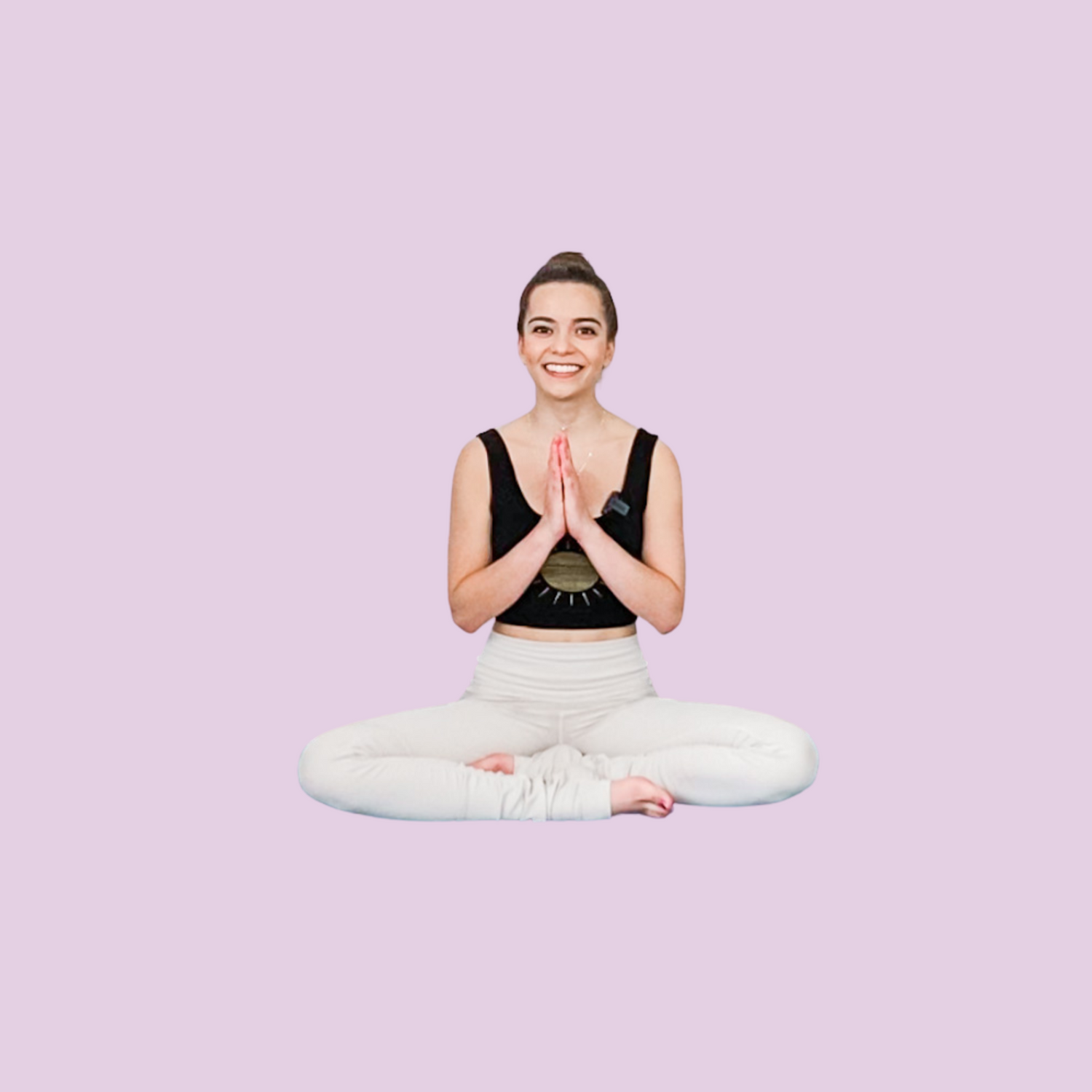 A woman practicing yoga in a serene pose against a calming purple background.